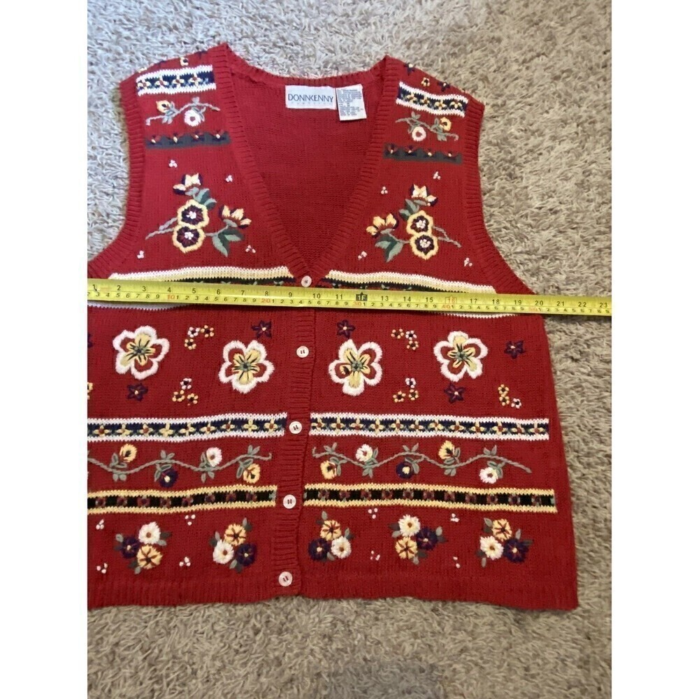 DONNKENNY Vintage Embroidered Vest Womens Size Medium 90s Red Floral Button Down - Picture 6 of 7